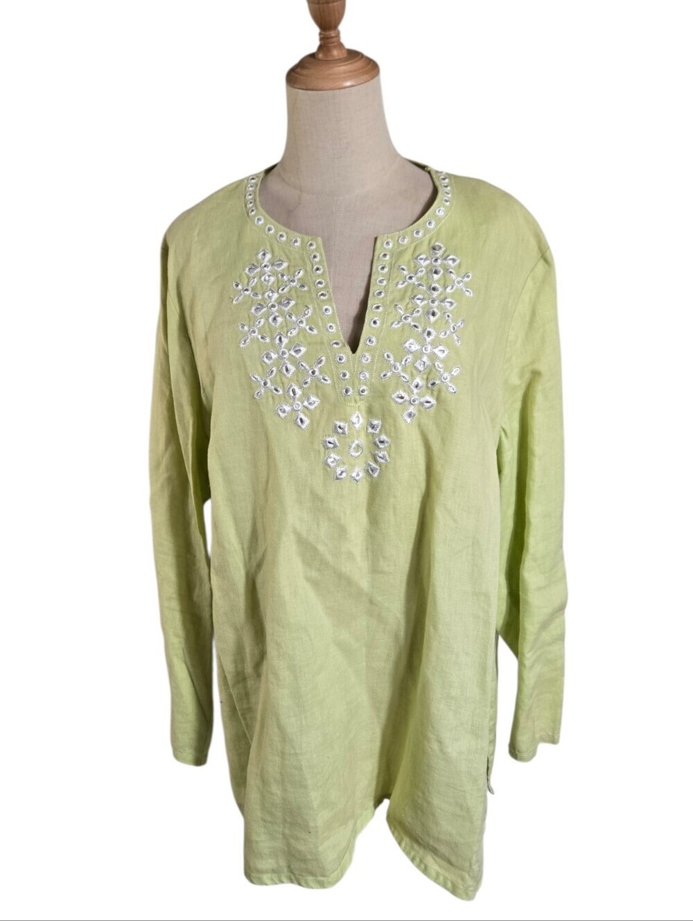 Saint Tropez West Light Green Embroidered Linen  Tunic Top Plus Size